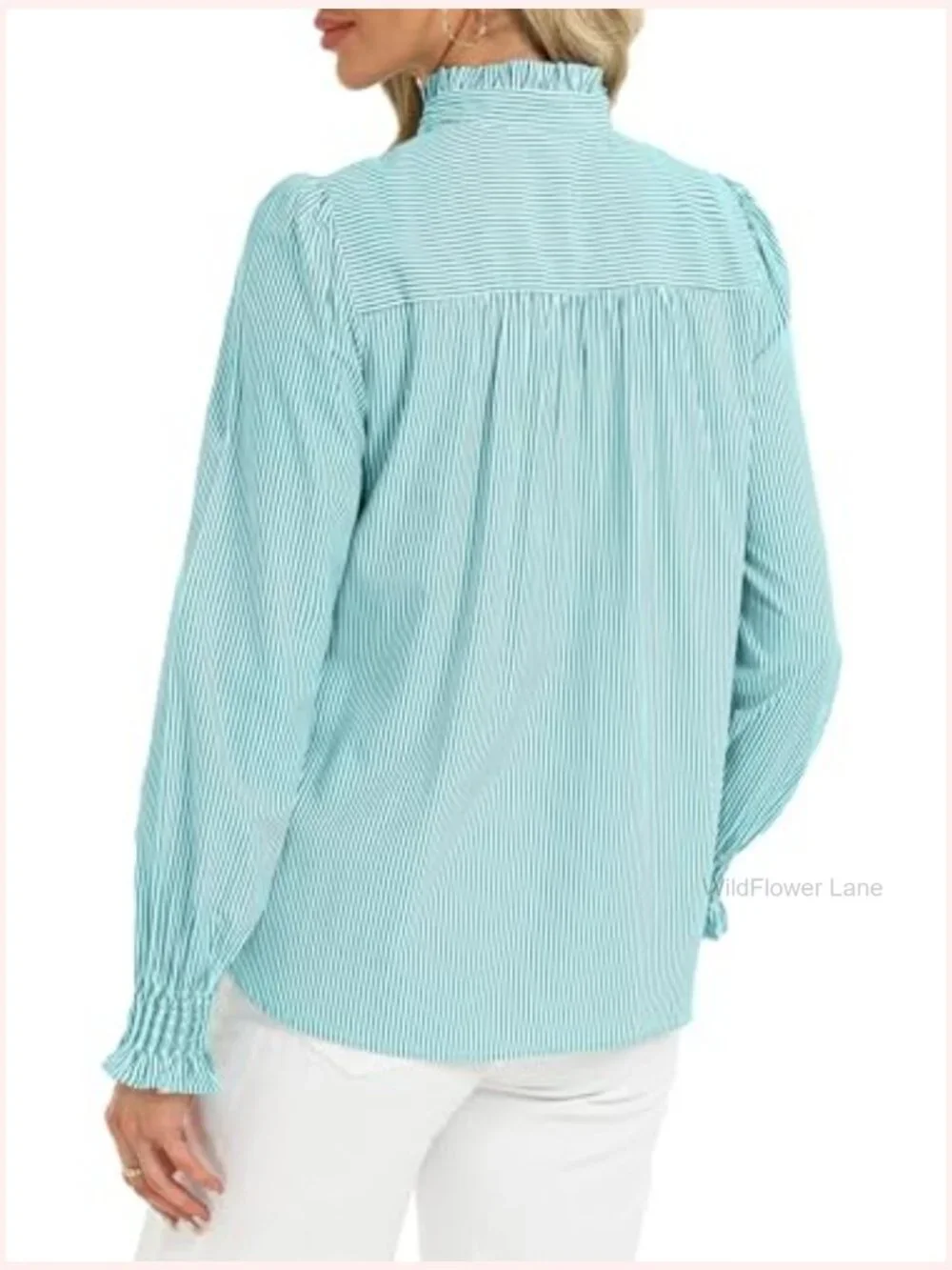 Striped Button Down Blouse Long Sleeve Smocked Cuffed Ruffle Collar Work Shirt - Picture 2 of 7